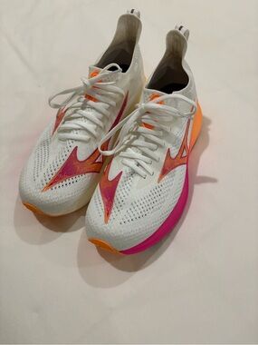 Mizuno White Knit Running Shoes with Pink & Orange Accents